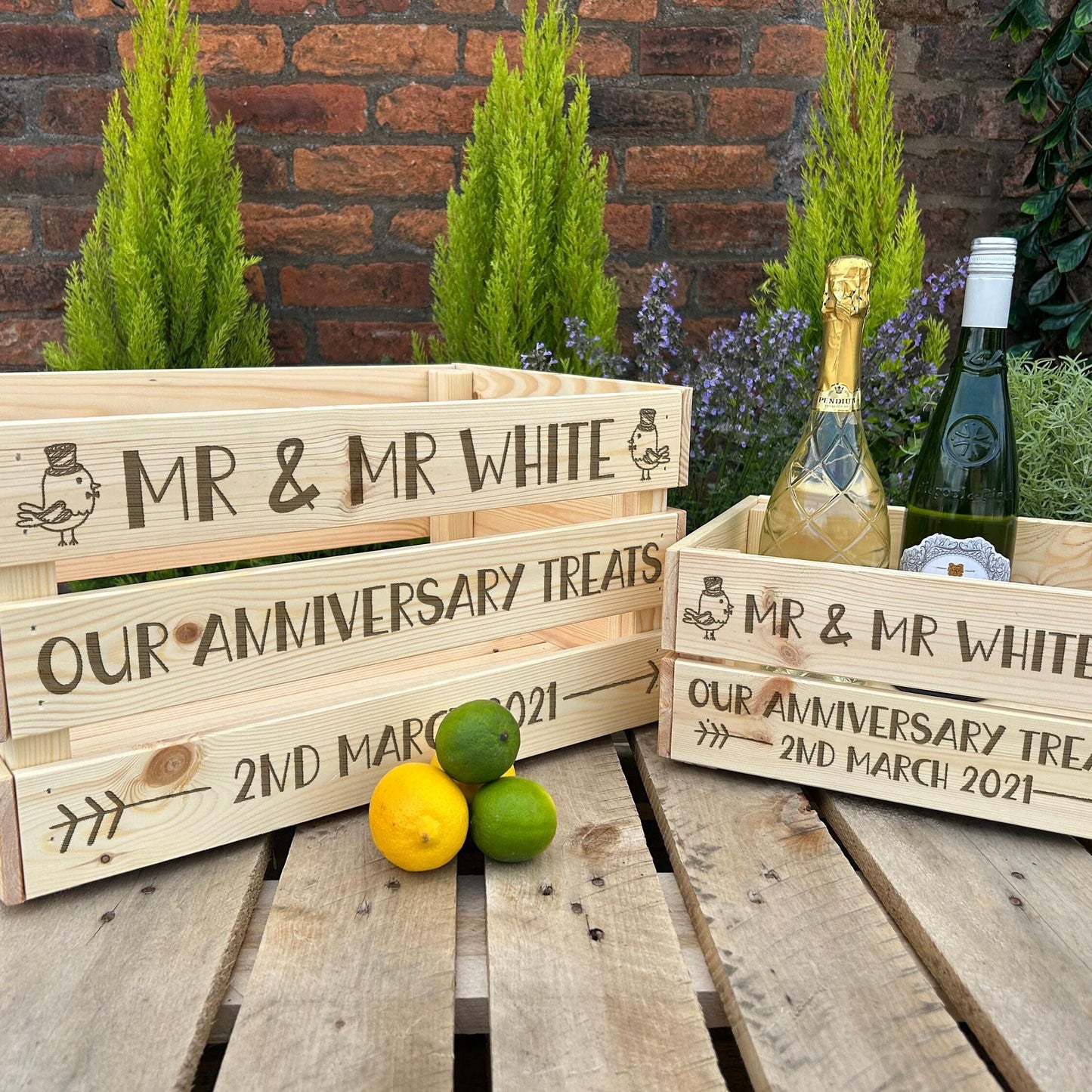 Our Anniversary Treats - Love Birds Cupid Arrow Design - Personalised Wooden Crate Hamper Gift