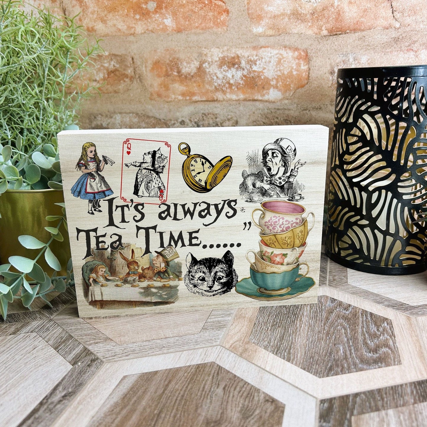 Alice in Wonderland "It's Always Tea Time" Colourful Illustration Plaque Decor