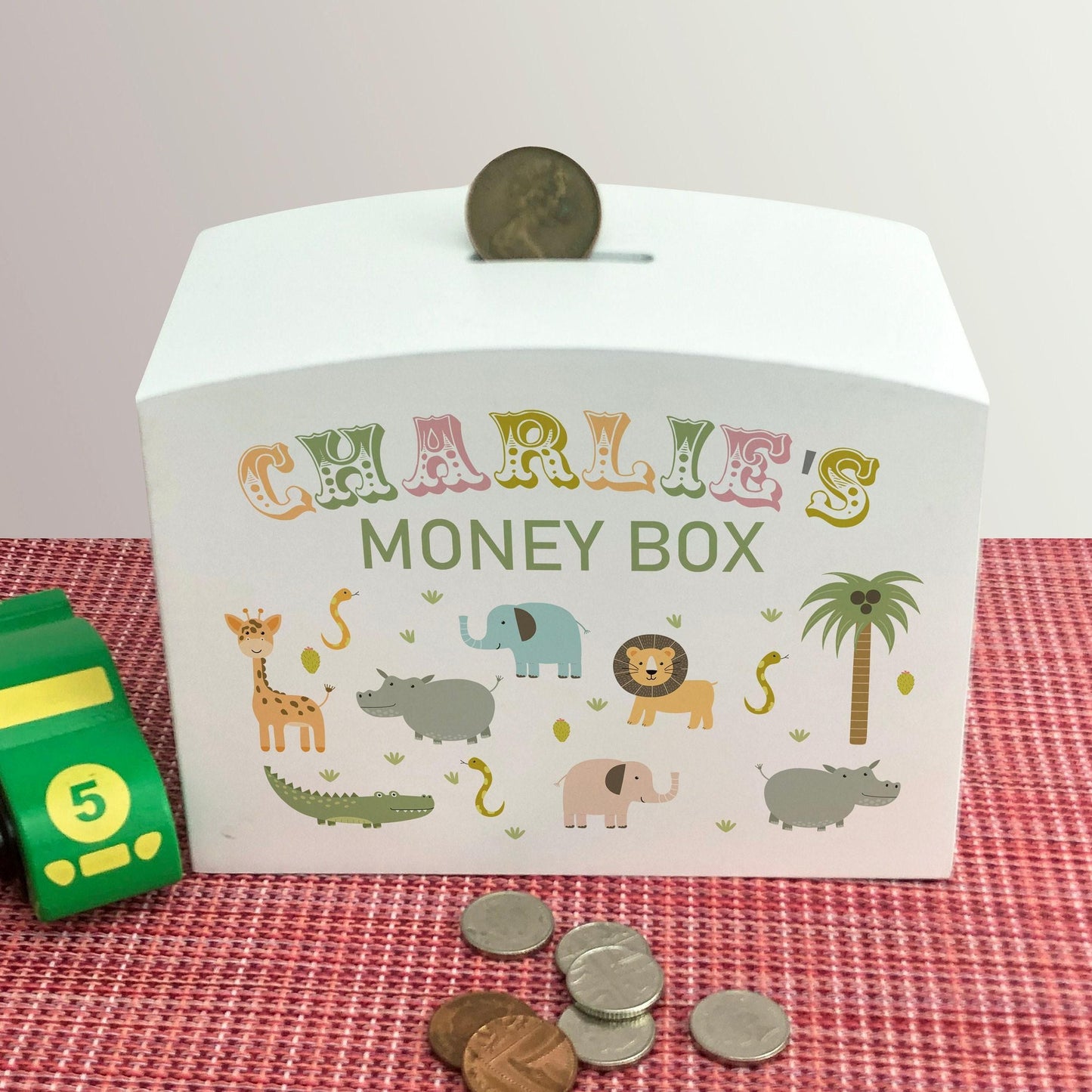 Jungle Animals Colourful Personalised Children's Wooden Money Box - Birthday Saving Gift