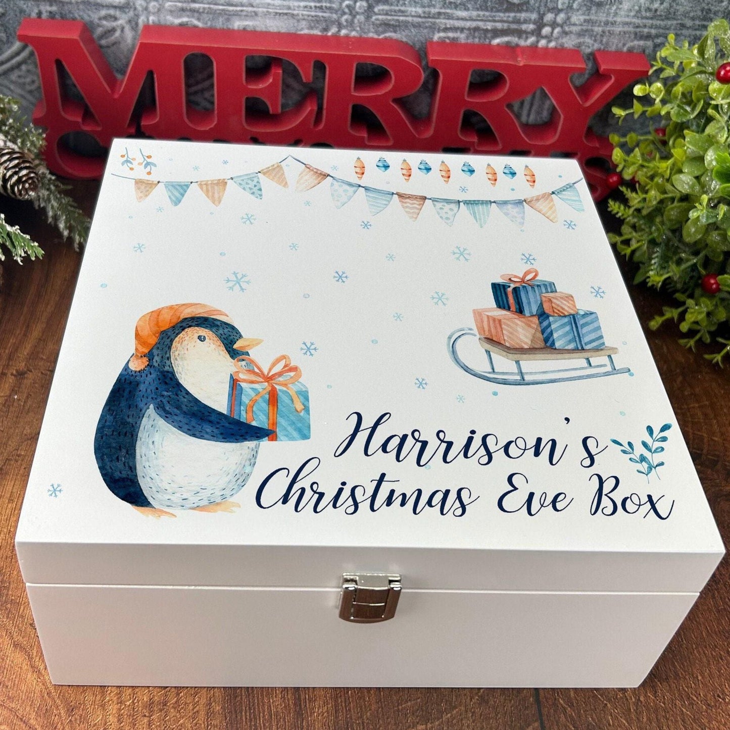 Penguin Sleigh Christmas Eve Box Treats Box - Personalised XMAS Gift