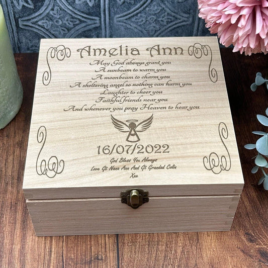 Angel Design Personalised Wooden Memory Keepsake Box - Christening / New Baby Gift