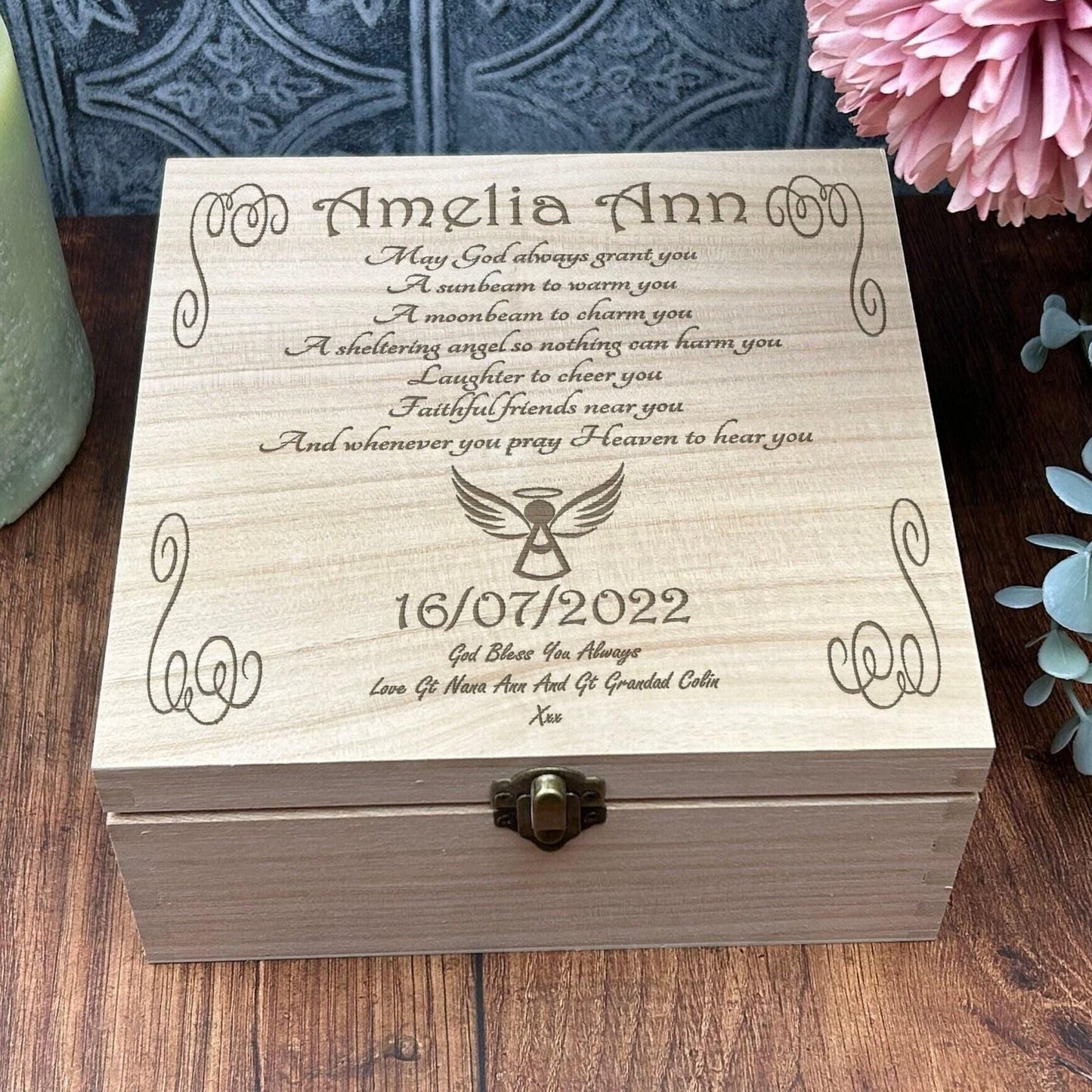 Angel Design Personalised Wooden Memory Keepsake Box - Christening / New Baby Gift