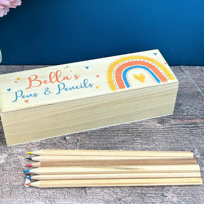 Rainbow Printed Personalised Wooden Pencil Case Box - School Stationery Birthday Gift
