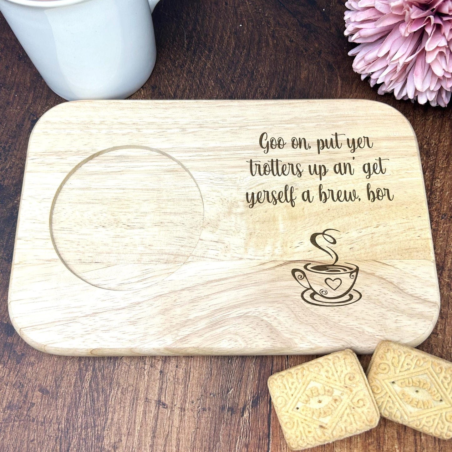 a wooden coaster with a picture of a cup of coffee
