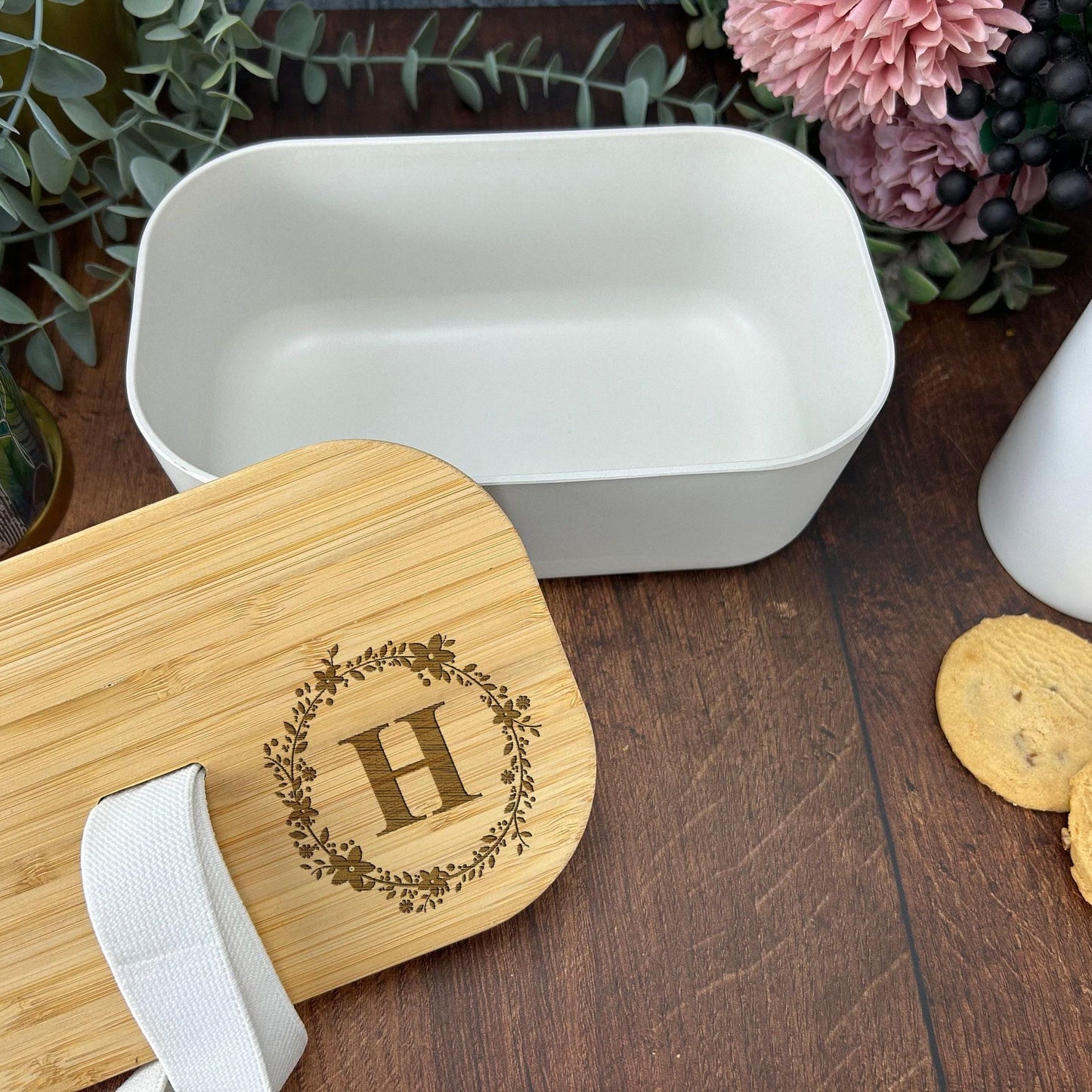Floral Initial Personalised Bamboo Eco Friendly Lunchbox  - School Work Packed Lunch