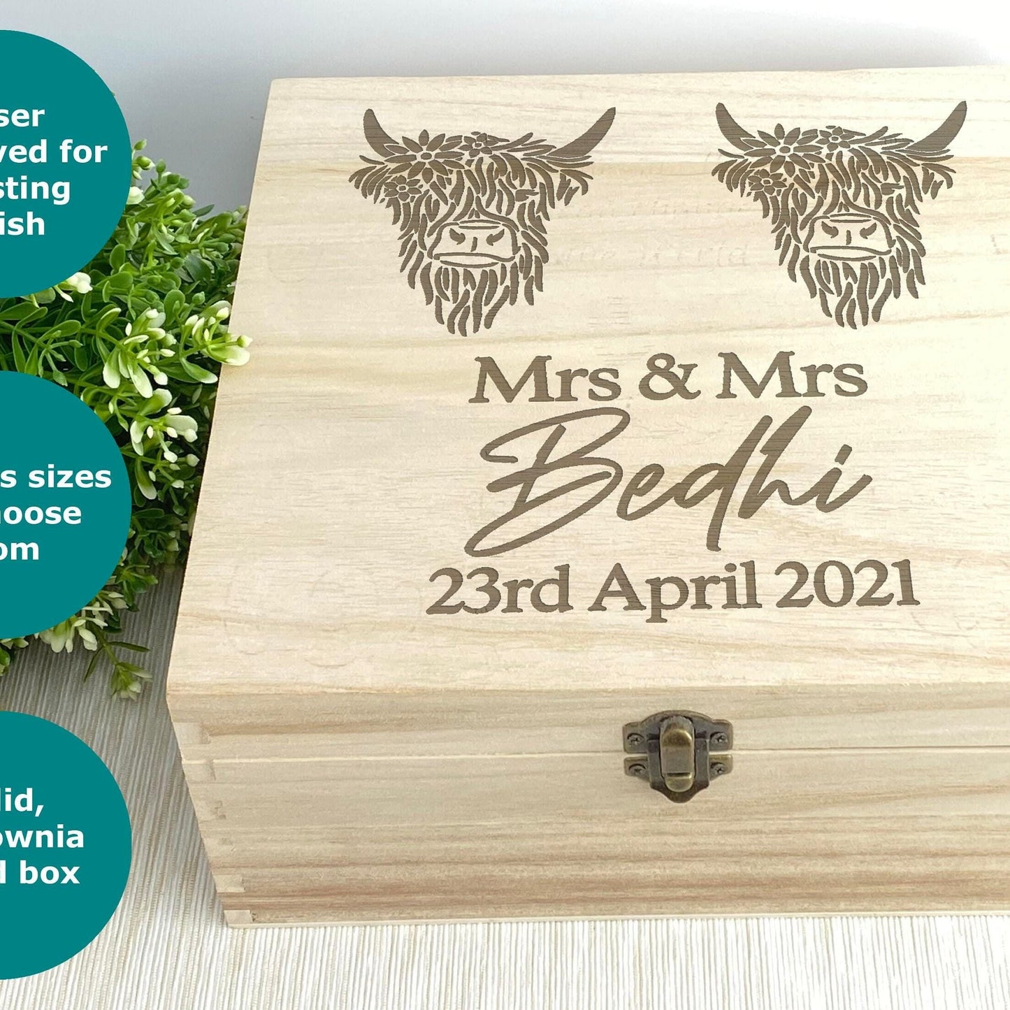 Highland Cow Mrs & Mrs Lesbian LGBT Couple Personalised Memory Box Wedding Gift