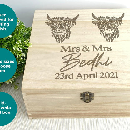 Highland Cow Mrs & Mrs Lesbian LGBT Couple Personalised Memory Box Wedding Gift