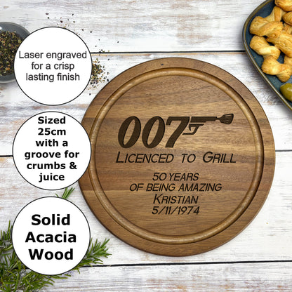 Licence To Grill 007 James Bond Personalised Chopping Board Father's Day Gift