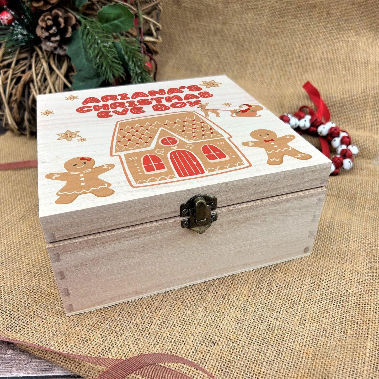 Gingerbread Scene Personalised Wooden Christmas Eve Box Xmas Treats Gift