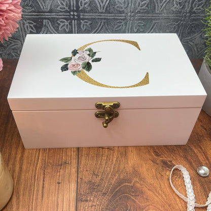 Monogram Floral Initial Personalised Jewellery Trinkets Box - Birthday Gift