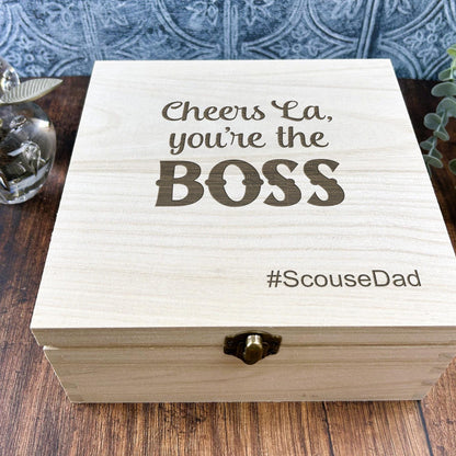 a wooden box that says cheers fa you're the boss