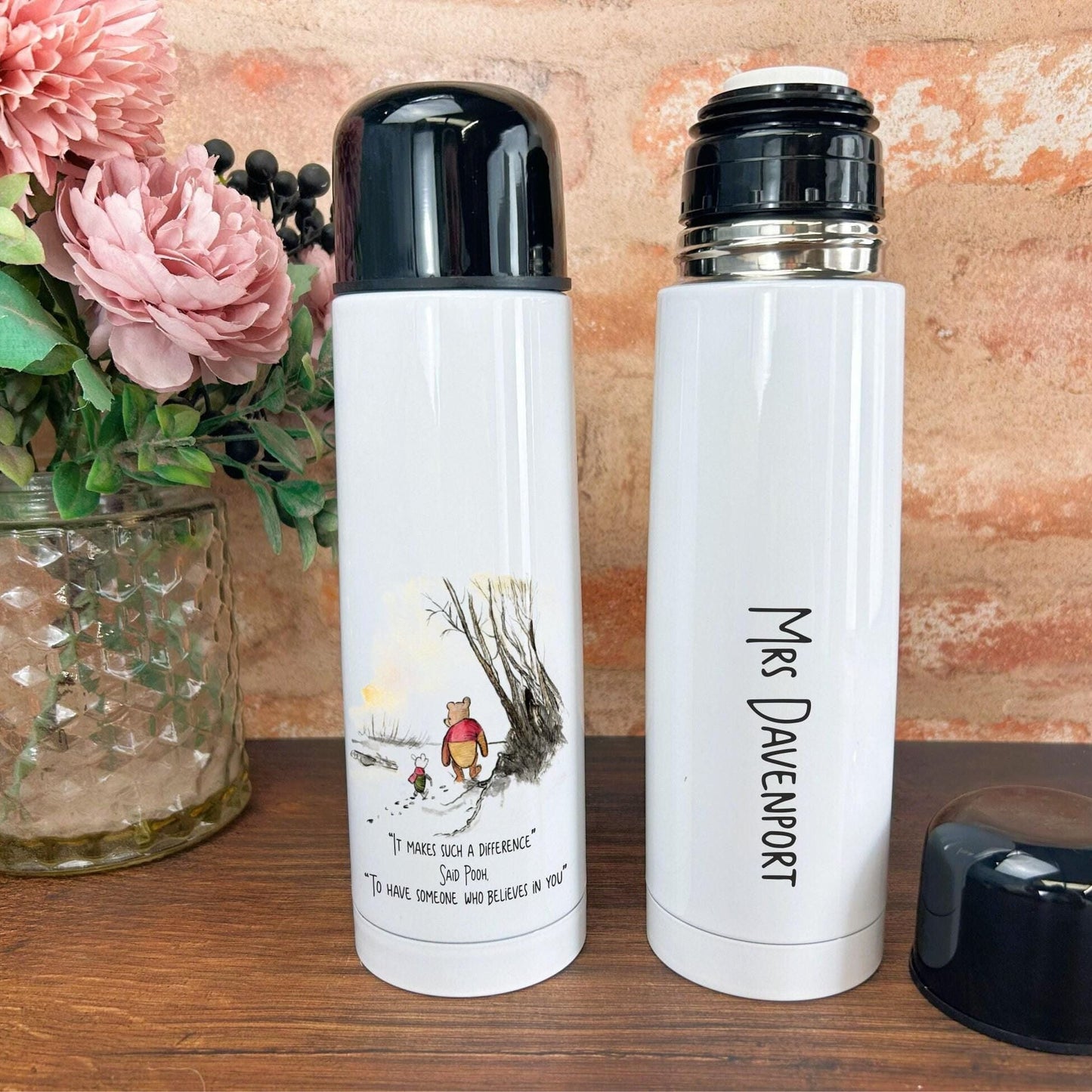 Winnie the Pooh and Piglet Teacher Vacuum  Flask, Personalised End of School Thank You Gift - Primary - Junior - Leaving - TA - Assistant -