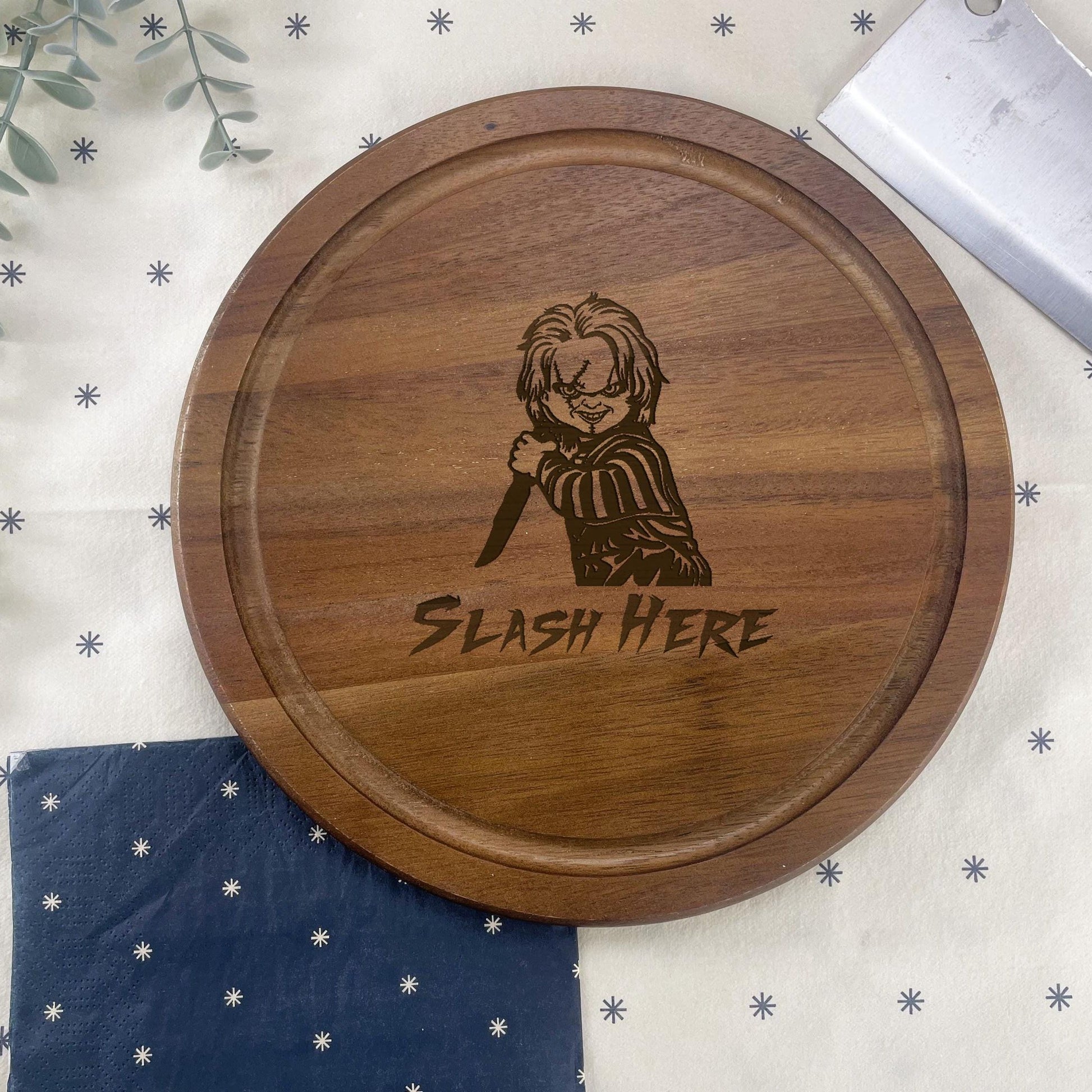 a wooden cutting board with a picture of a woman on it