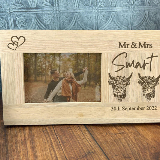 Mr & Mrs Highland Cow Design Personalised Gift  - Oak Photo Frame Wedding - Anniversary - Engagement