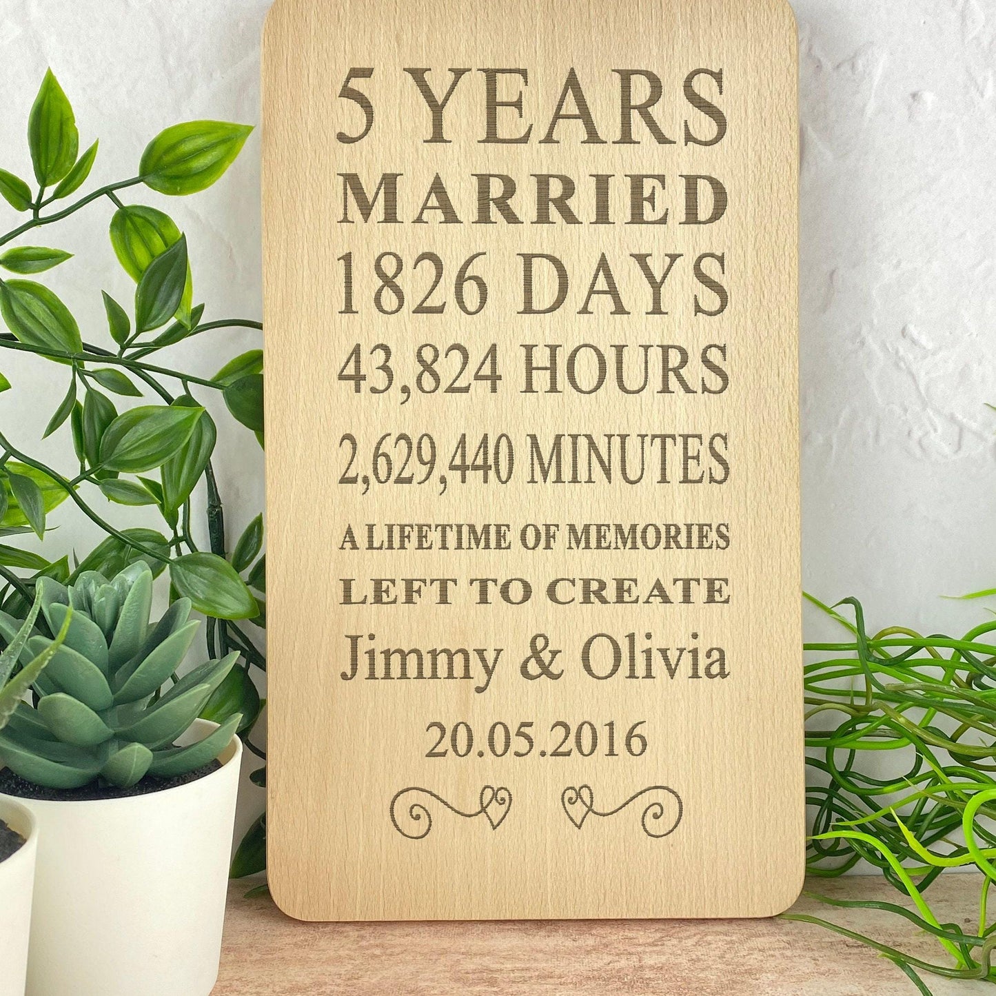 5th Anniversary Personalised Wooden Plaque - Solid Beech - Wall Plaque Gift