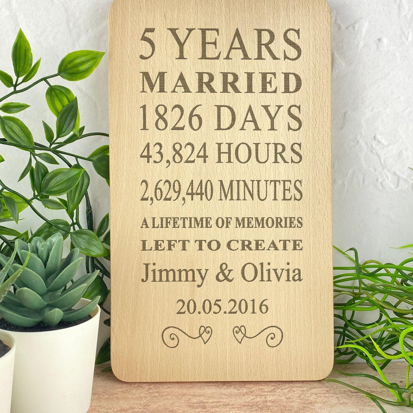 5th Anniversary Personalised Wooden Plaque - Solid Beech - Wall Plaque Gift