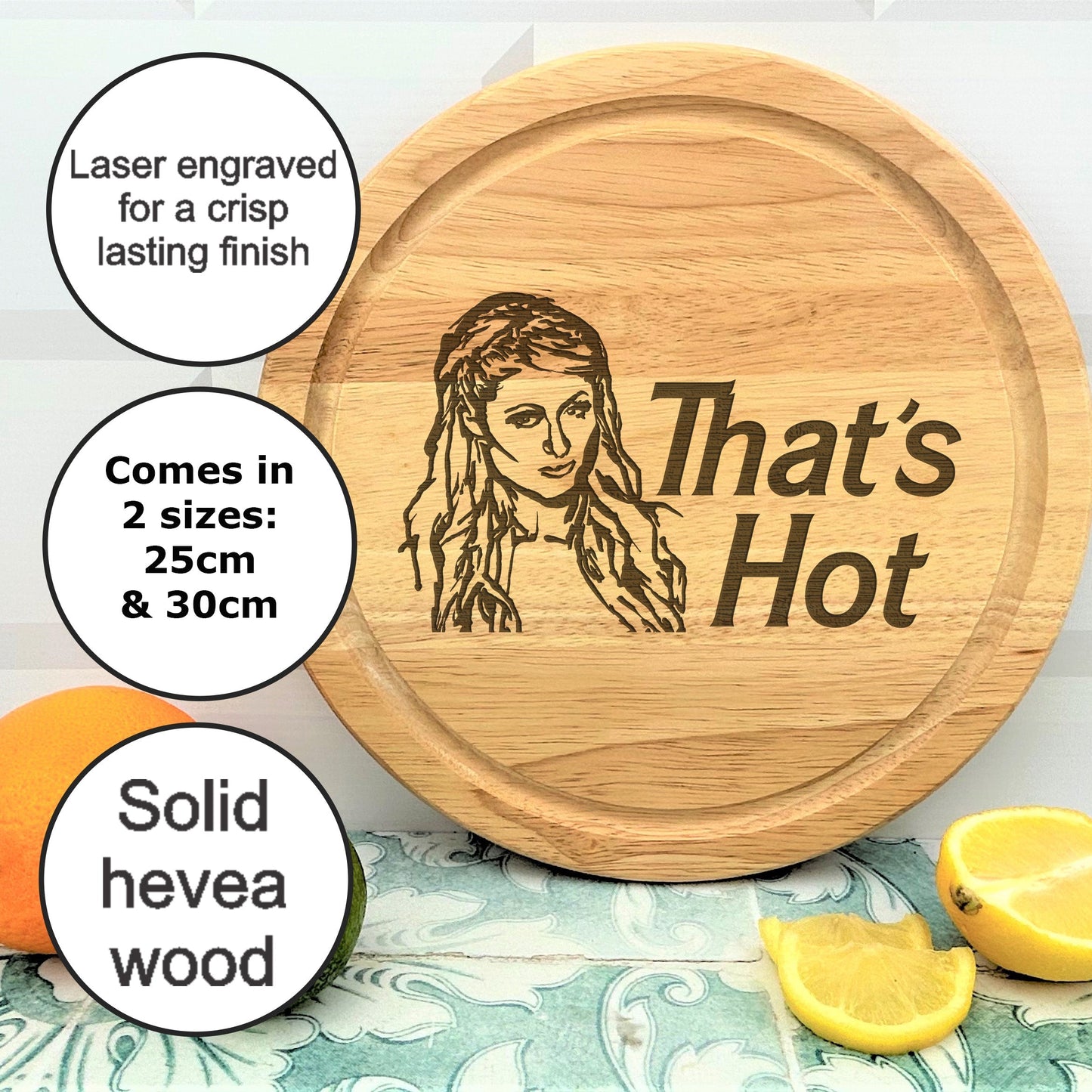 a cutting board with a picture of a woman on it
