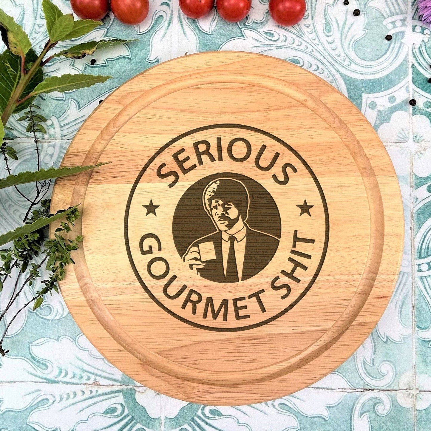 a wooden sign that says serious gourmet shit