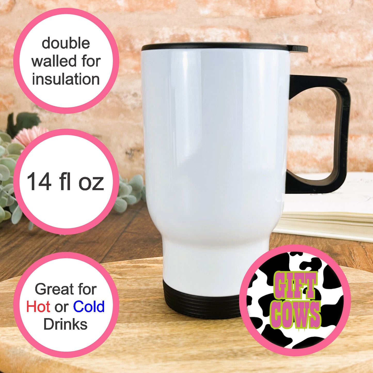 a white and black coffee cup with a pink circle around it