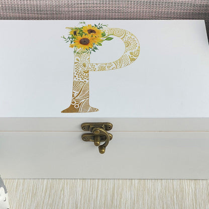 Sunflower Monogram Floral Initial Personalised Jewellery Trinkets Box - Birthday Gift