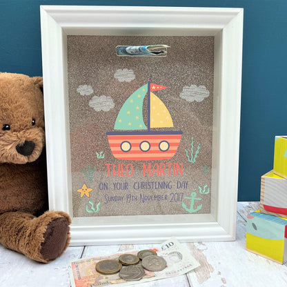 Sailboat Money Savings Box Personalised New Baby Christening Gift
