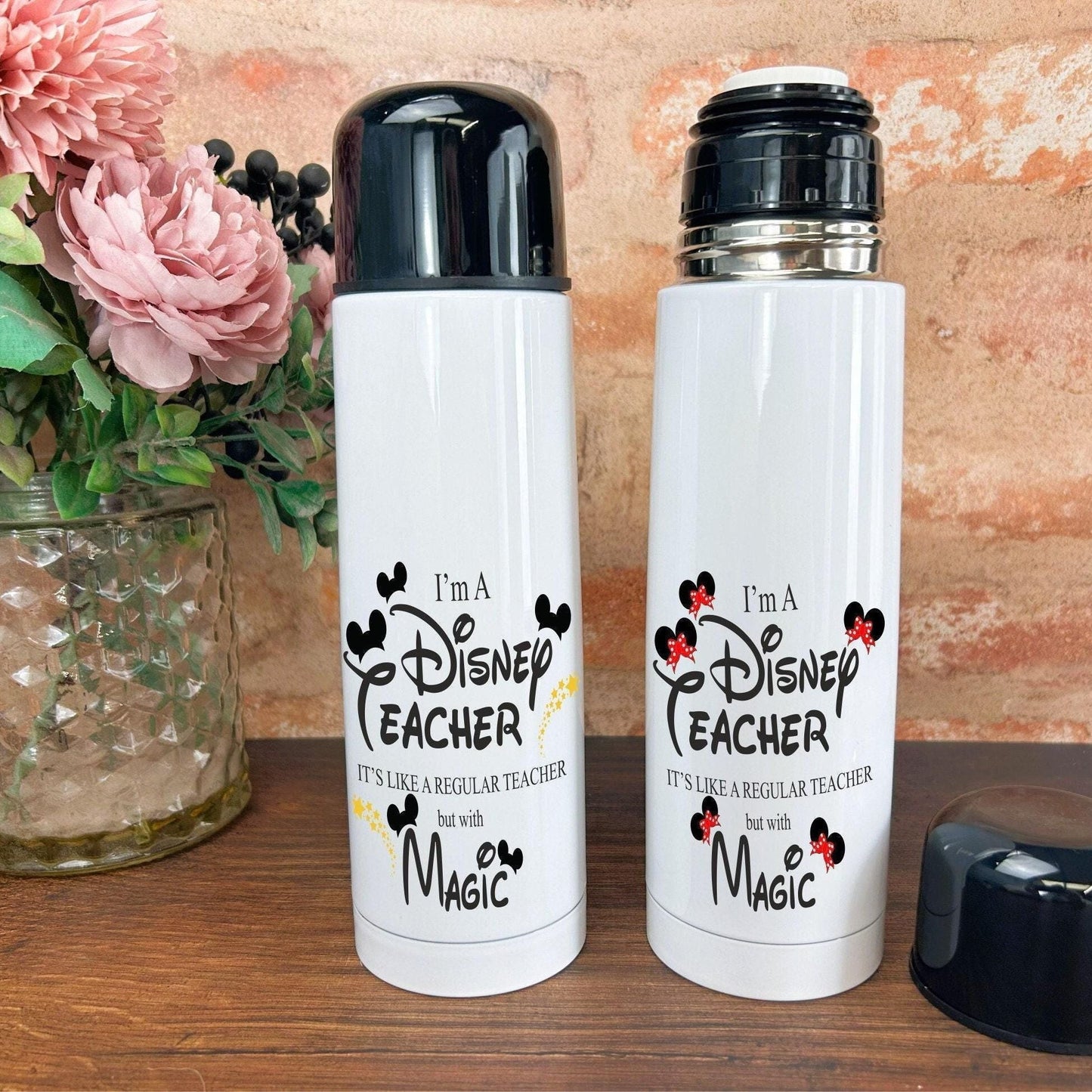 Disney Teacher With Magic, Vacuum  Flask, Personalised Message, End of School Thank You Gift - Primary - Junior - Leaving - TA - Assistant -