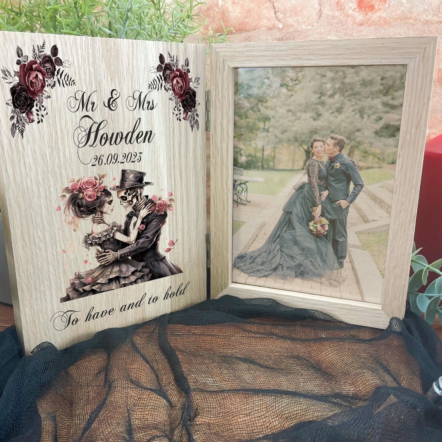 Skull Couple, Wedding, Anniversary Photo Frame Personalised Gothic, Goth, Emo, Horror Themed Gift. Solid Oak UV Colour Printed.