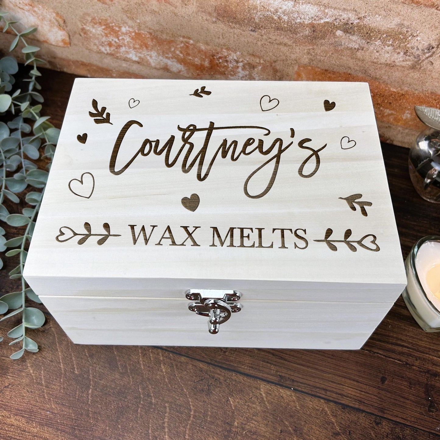 Hearts & Leaves Wax Melts Wooden Storage Box Personalised Gift