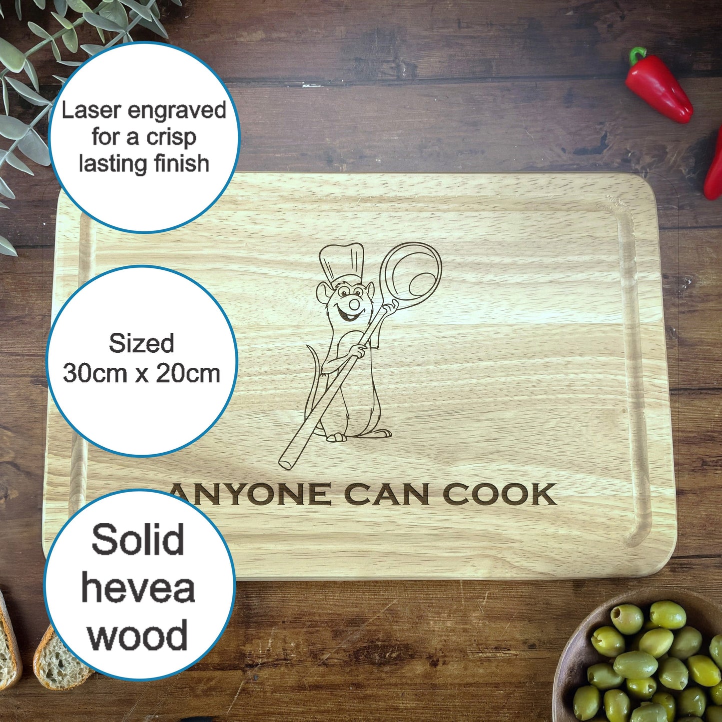 a cutting board with a picture of a cartoon character on it