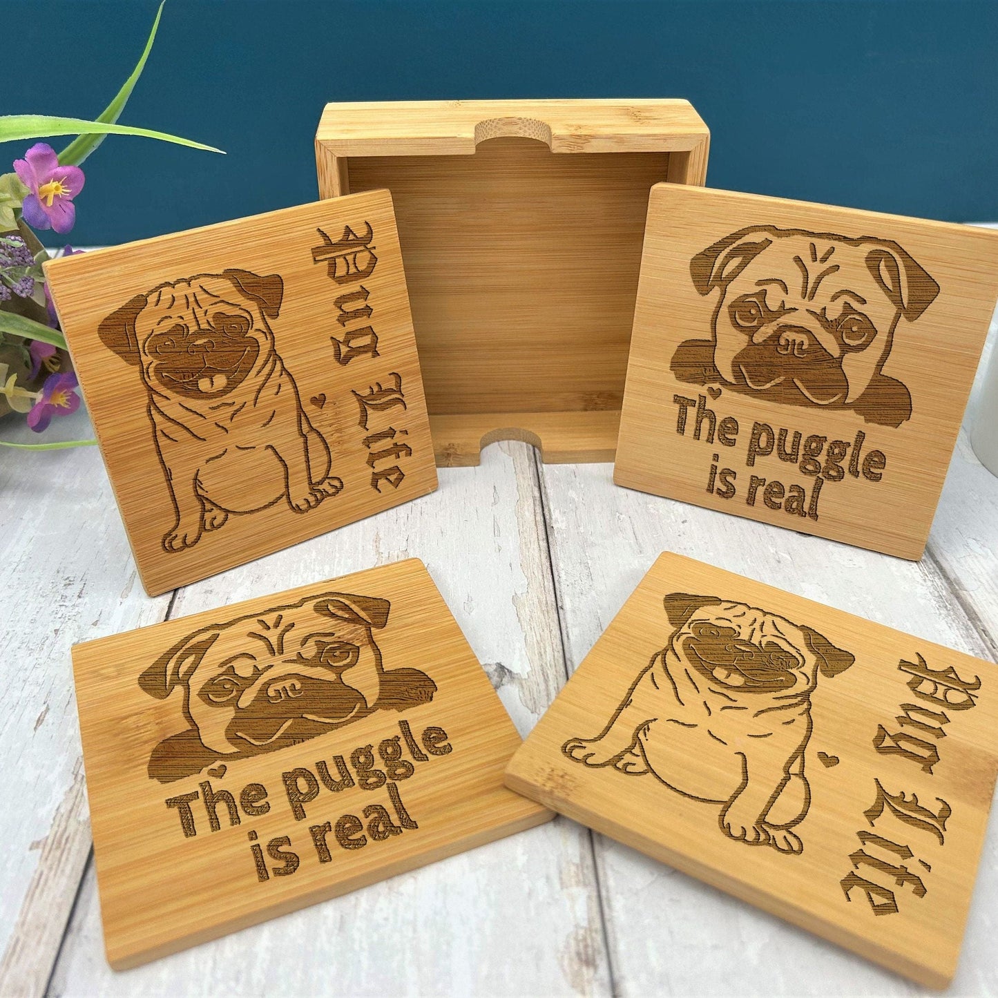 Pug Dog Engraved Bamboo Coaster Set New Home Décor House Warming Gift Christmas Gift Birthday Present Pug Life