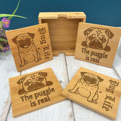 Pug Dog Engraved Bamboo Coaster Set New Home Décor House Warming Gift Christmas Gift Birthday Present Pug Life