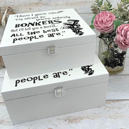 Alice in Wonderland White Wooden Box - Mad Hatter Memory Keepsake Storage Box