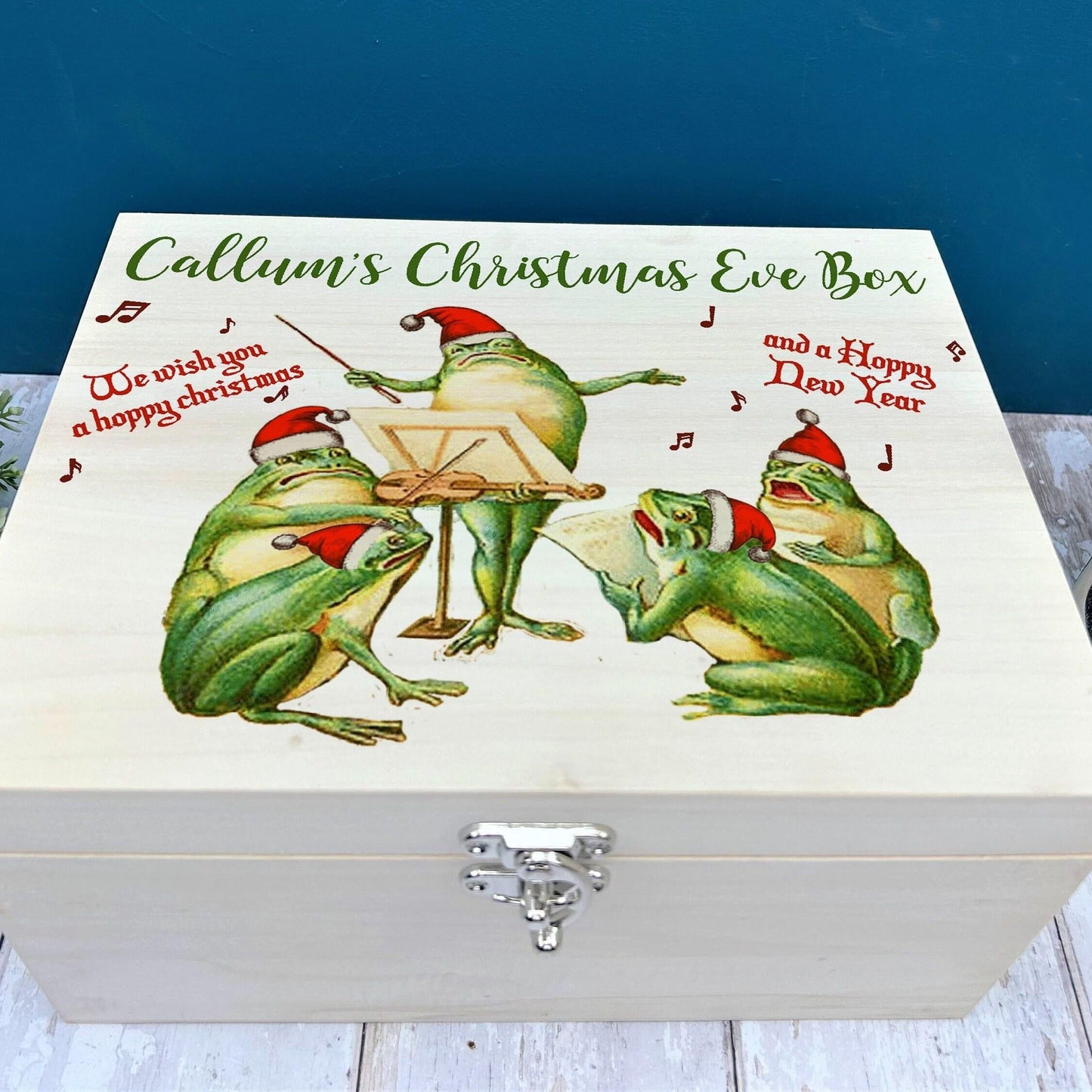 Hoppy Christmas Frog Christmas Carollers Design Vintage Personalised Xmas Eve Treat Box