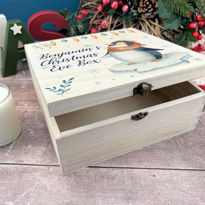 Penguin Personalised Wooden Christmas Eve Treat Box