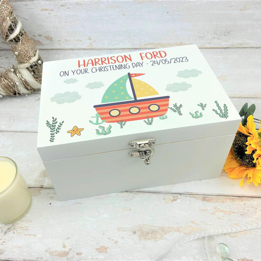 Sailing Boat Sailboat Design White Christening Memory Storage Box - Personalised New Baby Gift