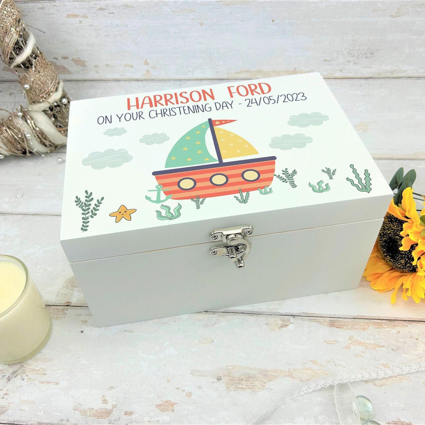 Sailing Boat Sailboat Design White Christening Memory Storage Box - Personalised New Baby Gift