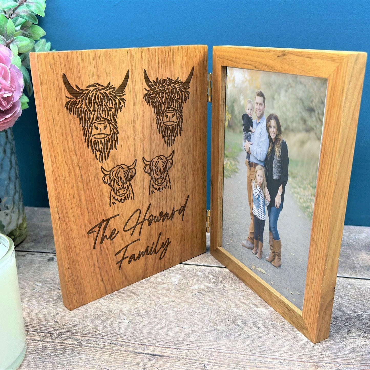 Highland Cow Family Design Personalised Oak Photo Frame - Family gift - Mother's Father's Day