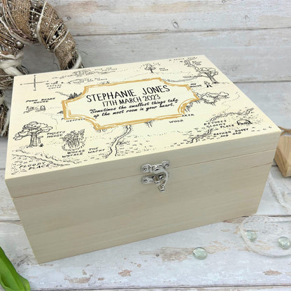 Pooh Bear Wood Map Christening New Baby Personalised Wooden Memory Box Gift