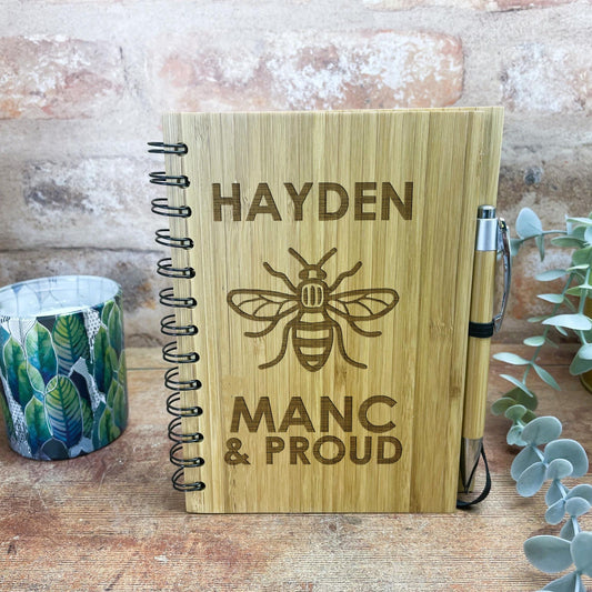 Manc and Proud - Manchester Bee - Personalised Dialect Engraved Notebook Journal Bamboo