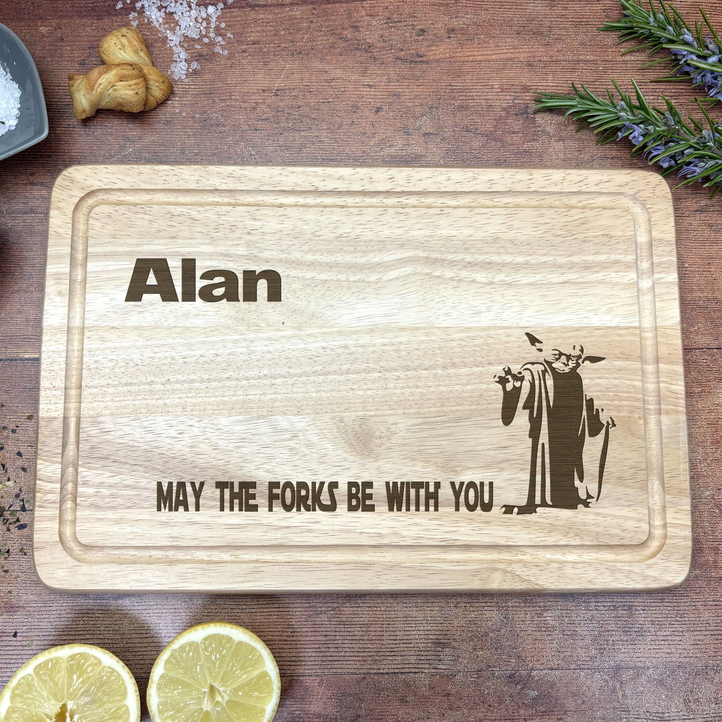 a cutting board with a picture of a wizard on it
