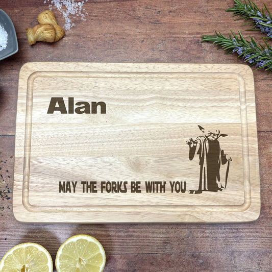 a cutting board with a picture of a wizard on it