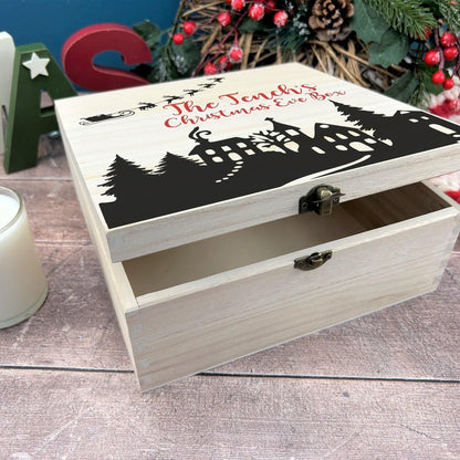 Santa Sleigh Town Silhouette Christmas Eve Treats Personalised Wooden Box