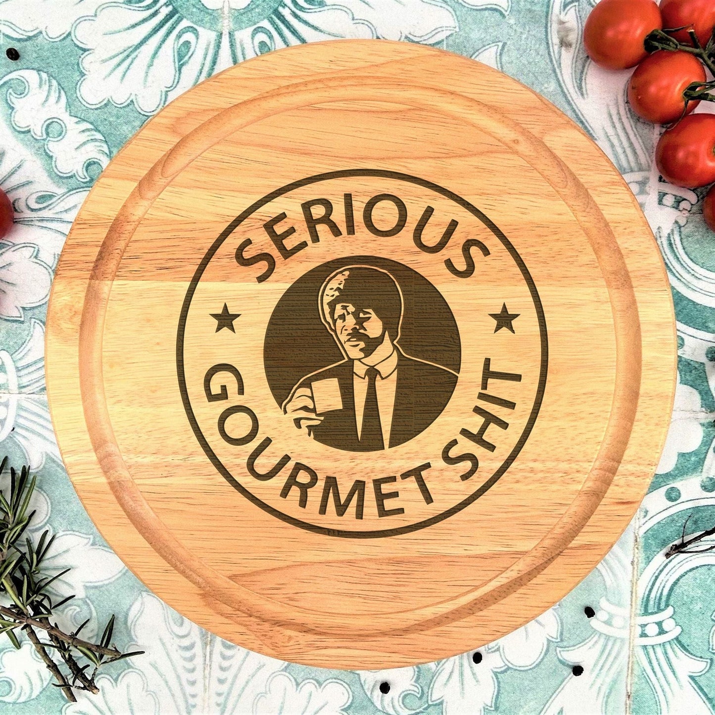 a wooden cutting board with a picture of a man on it