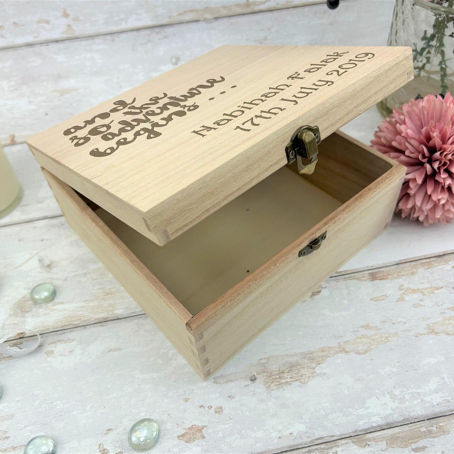 And So The Adventure Begins - Wooden Memory Keepsake Box - Personalised Gift