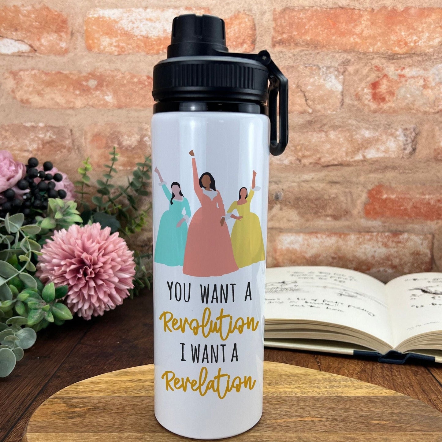 Hamilton Schuyler Sisters Revolution Revelation Movie Film Quote Poster Water Bottle Screw Cap Gift