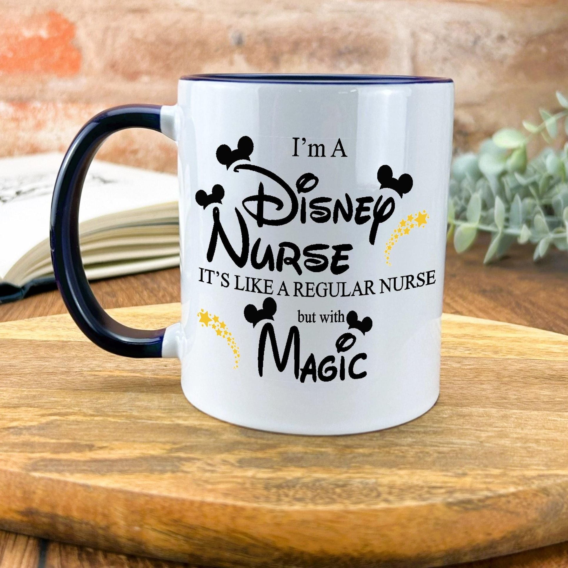 a coffee mug sitting on top of a wooden table