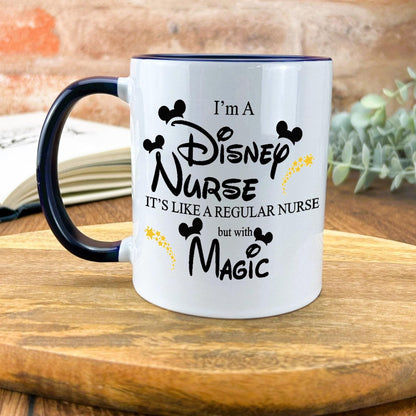 a coffee mug sitting on top of a wooden table