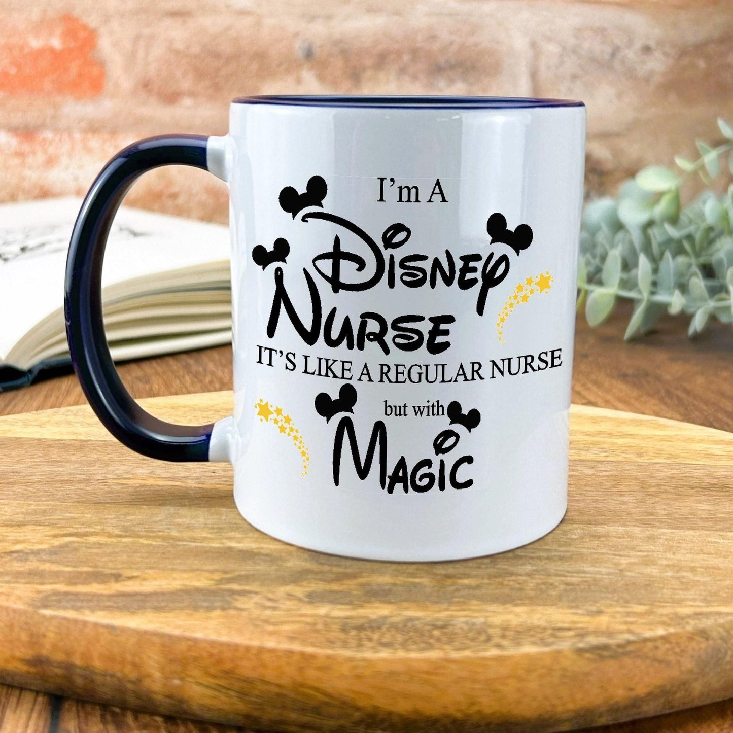 a coffee mug sitting on top of a wooden table