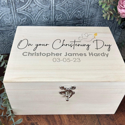 On Your Christening Day New Baby Personalised Wooden Memory Box Gift