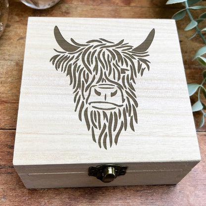 Highland Cow Engraved Wooden Trinket Jewellery Box Christmas Gift Birthday Present Secret Santa Scotland Scottish